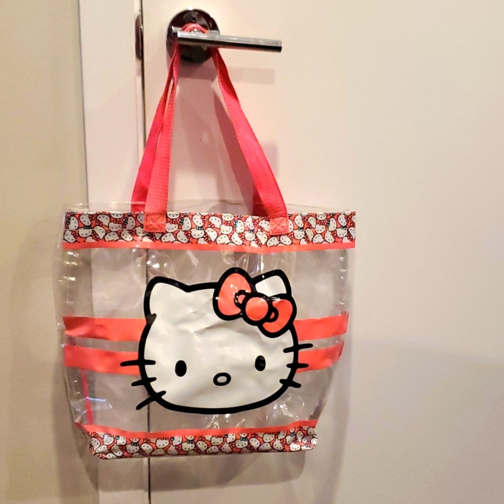 Hello Kitty Vinyl Tote Book Bag 🎀 Sanrio Hot Pink Clear Travel 🎀 Beach Bag